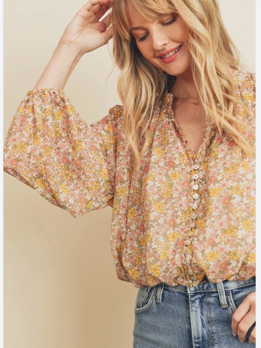 Dress Forum Floral Button-Front Peasant Blouse in Yellow and Pink New